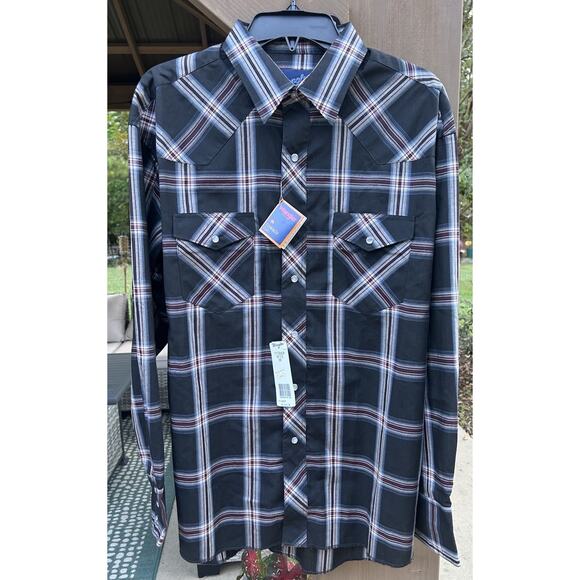 NWT 90s Vintage Wrangler Men's Pearl Buttons Plaid Long Sleeve Size 16 1/2 x 35 - Picture 1 of 8